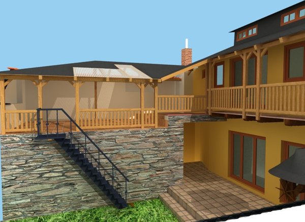 Návrh prodloužení střechy s balkónovým ochozem       	